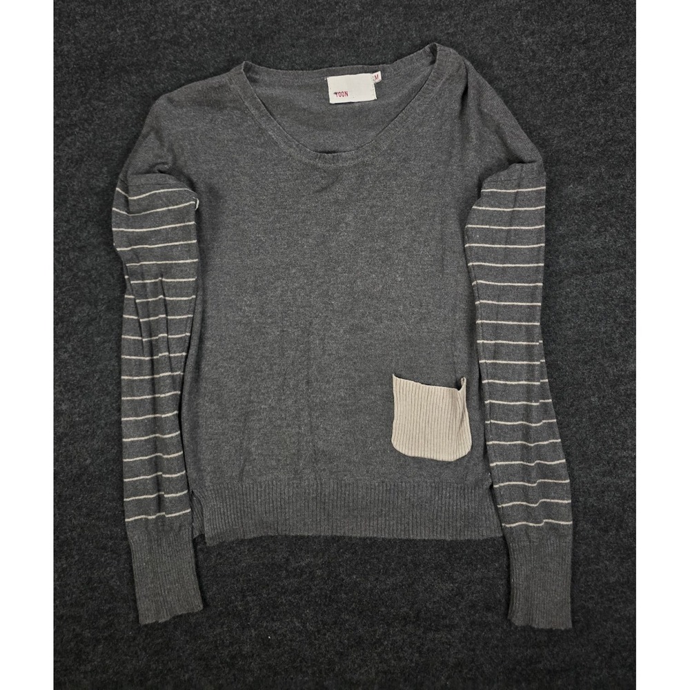 YOON Anthropologie Women's Gray Striped Sleeve Pocket Sweater Wool Blend Size M